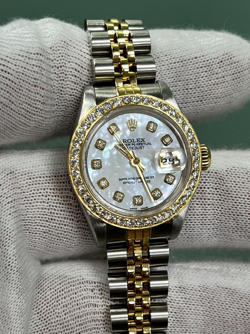 Rolex Ladies Datejust 69173 MOP Diamond Dial Bezel 18K Yellow Gold Steel 26mm