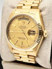 Rolex 18038 President Day Date Champagne Linen Dial 18K Gold Service Paper Mint