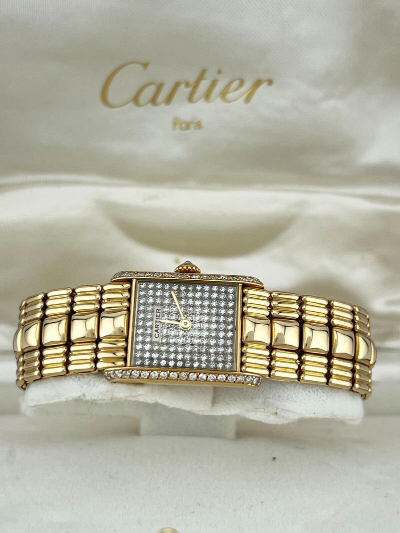 RARE Cartier Tank Louis Pave Diamond Dial & Bezel 18K Yellow Gold Box Papers