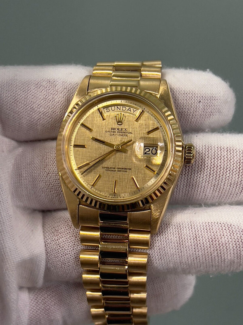 Rolex 1803 President Day Date 36mm Champagne Linen Pie Pan Dial 18K Yellow Gold