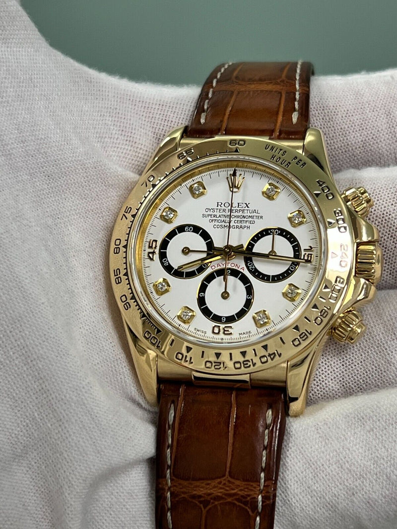 Rolex Daytona 16518 White Diamond Dial  Inverted 6 18K Yellow Gold Leather Band