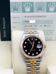 Rolex Datejust 16233 36mm Factory Black Diamond Dial 18K Gold & Steel Box Papers