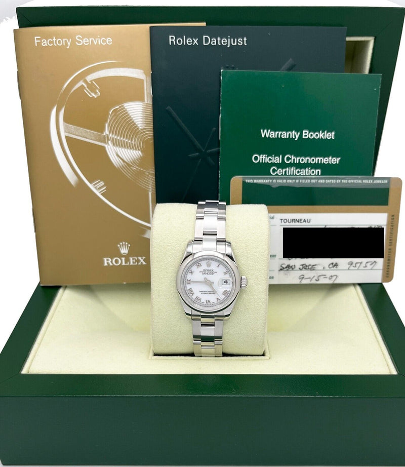 Rolex Ladies Datejust 179160 White Roman Dial Stainless Steel Box Paper