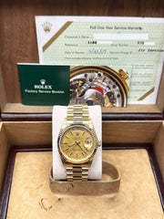 Rolex 18038 President Day Date Champagne Linen Dial 18K Gold Service Paper Mint