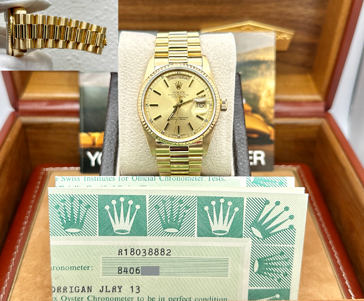 ROLEX 9393501 デイトジャスト　購入証明書 Rolex Day Date President 18038 36mm Champagne Dial 18K Yellow Gold Box
