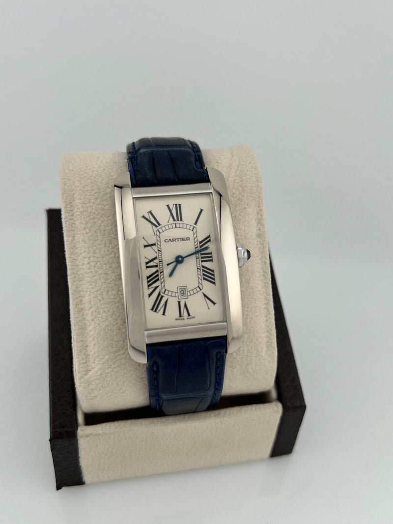 Cartier Tank Americaine Ref 1741  18K White Gold Blue Leather Strap