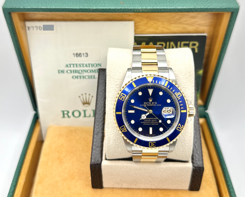 2002 Rolex Submariner Blue 16613 40mm 18k Yellow Gold Stainless Steel