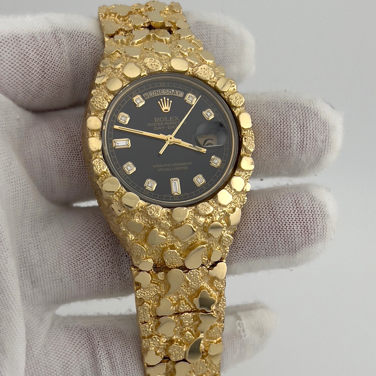 Rolex Day Date President 18038 Yellow Gold Nugget Watch Black Diamond
