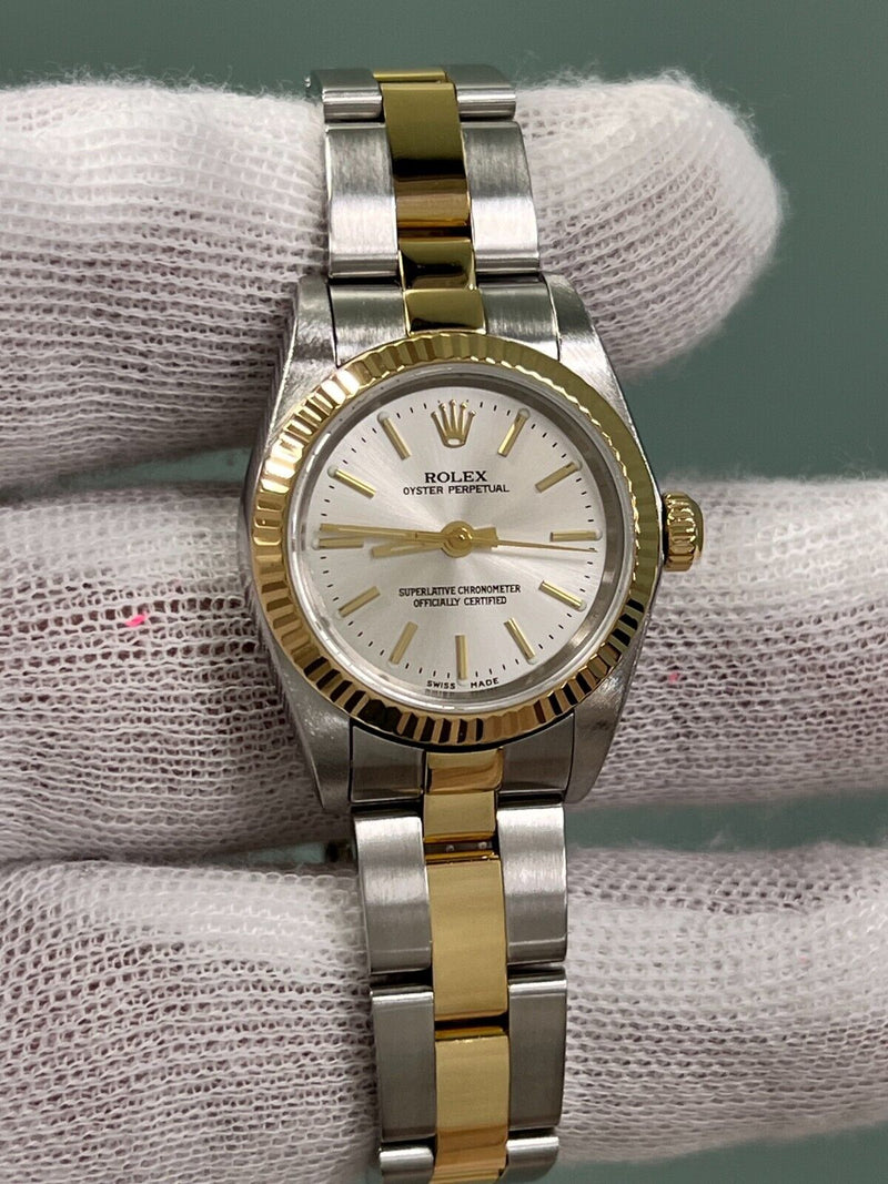 Rolex Ladies Oyster Perpetual 76193 18K Yellow Gold Steel Box Paper 26mm