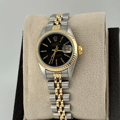 Rolex Ladies Datejust 69173 Black Tapestry Dial 18K Yellow Gold Steel Box Paper