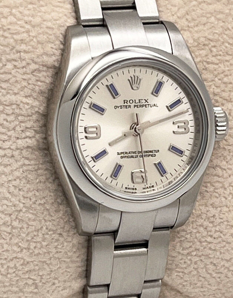 Rolex Ladies Oyster Perpetual 176200 Silver Dial Blue Markers Stainless Steel