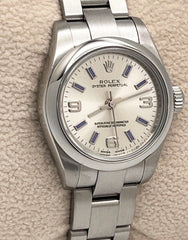 Rolex Ladies Oyster Perpetual 176200 Silver Dial Blue Markers Stainless Steel