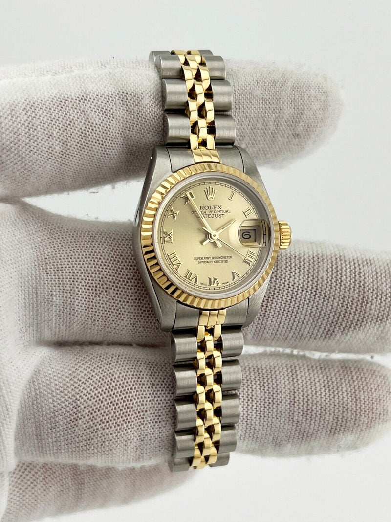 Rolex Ladies Datejust 69173 Champagne Roman Dial 18K Gold Steel Service Card