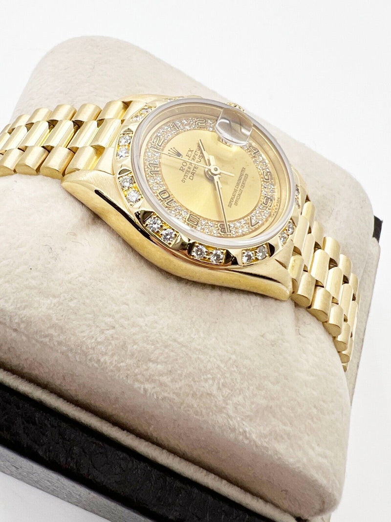 Rolex 69258 Ladies President Diamond Dial Bezel 18K Yellow Gold Box Paper
