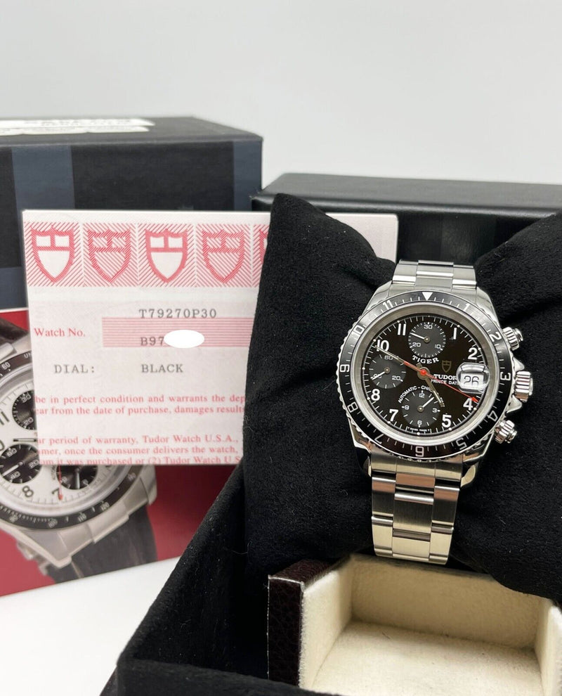 Tudor Tiger Prince Date 79270 40mm Black Dial Steel Box Paper Service Paper