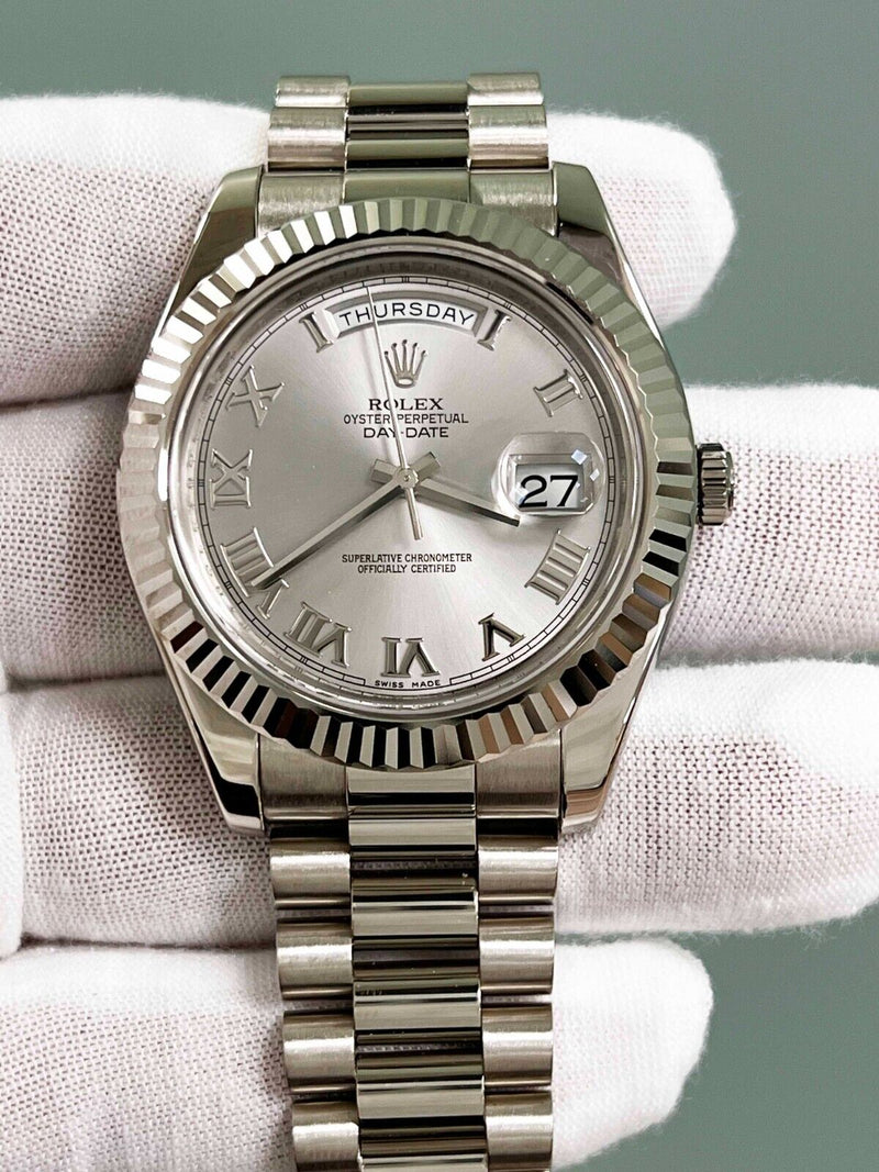 Rolex 218239 President Day Date II 41mm Silver Dial 18K White Gold Box Paper