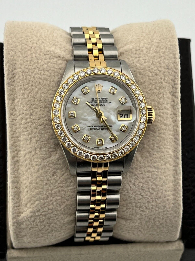 Rolex Ladies Datejust 69173 MOP Diamond Dial Bezel 18K Yellow Gold Steel 26mm