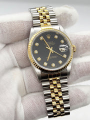 Rolex Datejust 16233 36mm Factory Black Diamond Dial 18K Gold & Steel Box Papers