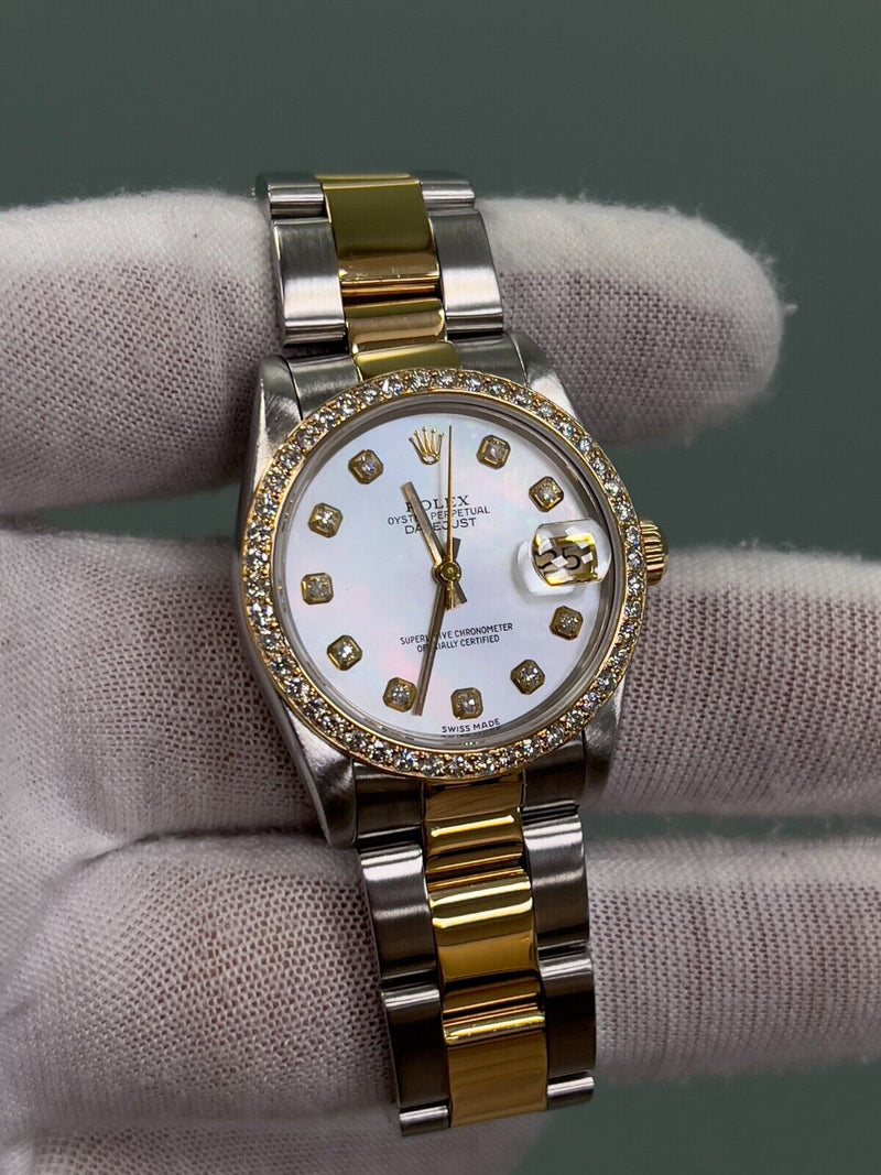 Rolex 68273 Midsize 31mm Datejust MOP Diamond Dial Diamond Bezel 18K Gold Steel