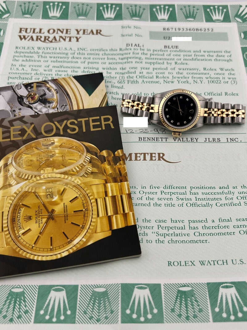 Rolex Oyster Perpetual Ladies 67193 Blue Diamond Dial 18K Gold Steel Box Papers