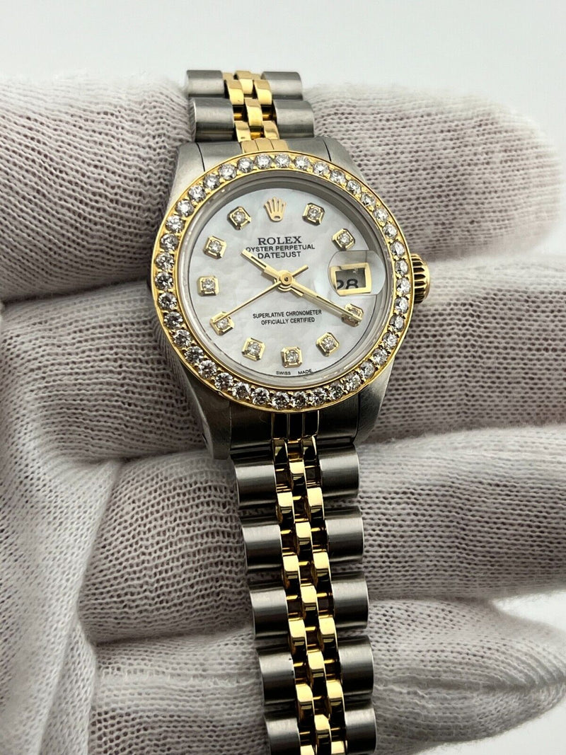 Rolex Ladies Datejust 69173 MOP Diamond Dial Bezel 18K Yellow Gold Steel 26mm