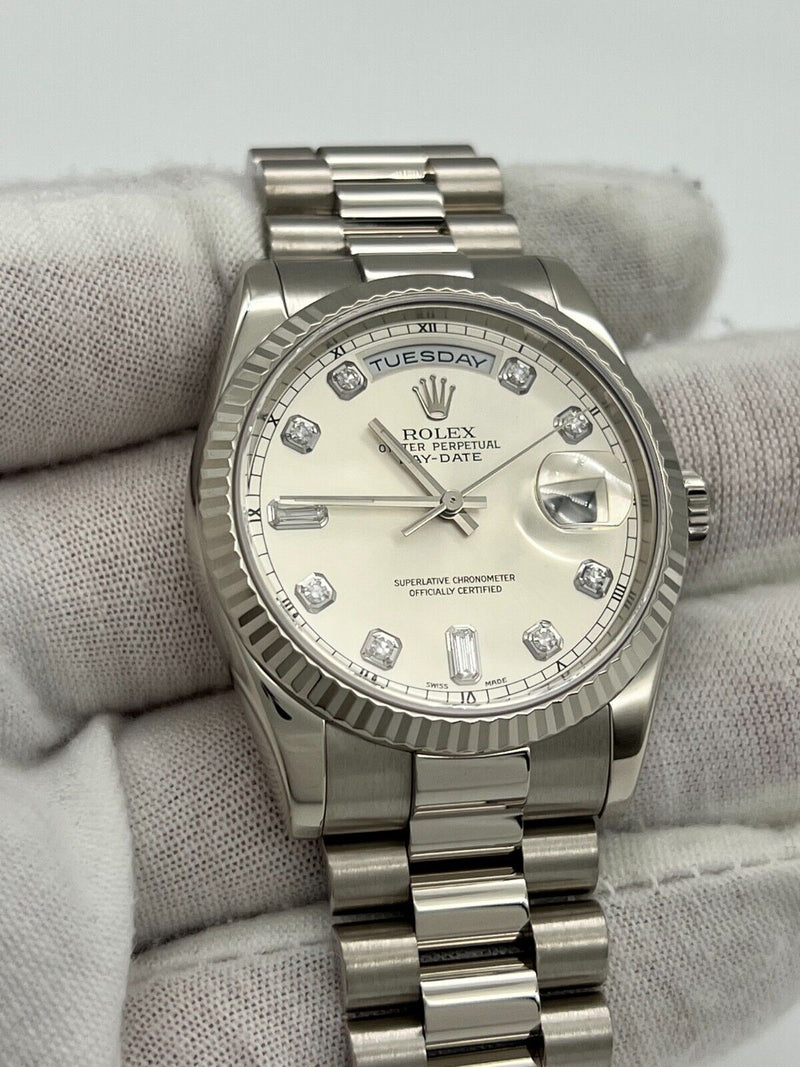 Rolex President Day Date 118239 Silver Diamond Dial 18K White Gold 36mm Box