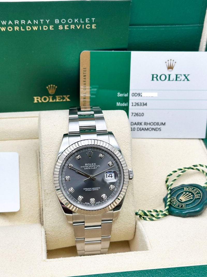 Rolex 126334 Datejust 41 Rhodium Diamond Dial Stainless Steel Box Paper