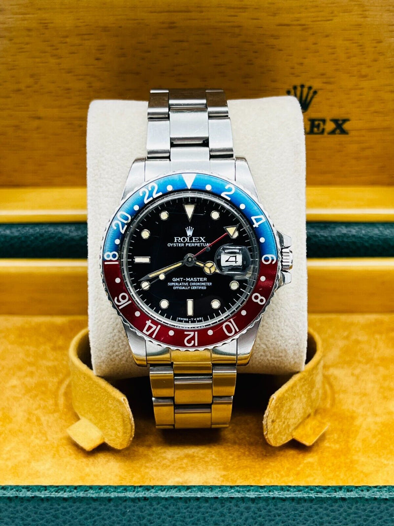 Rare Rolex 16750 GMT Master Pepsi Stainless Steel Original Spider Glossy Dial