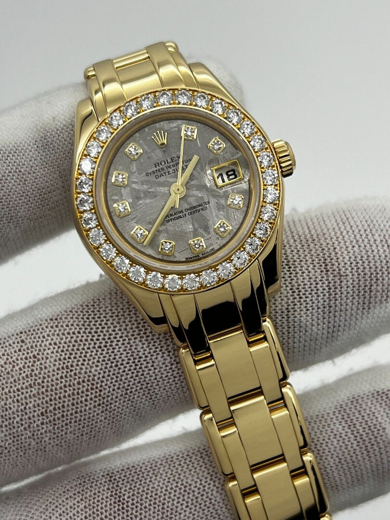 Rolex 80298 Ladies Pearlmaster Meteorite Dial Diamond 18K Yellow Gold Box Paper