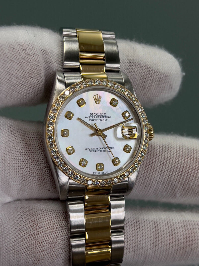 Rolex 68273 Midsize 31mm Datejust MOP Diamond Dial Diamond Bezel 18K Gold Steel