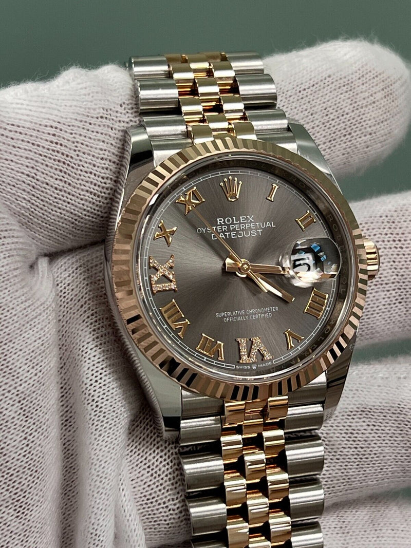 Rolex Datejust 126231 Gray VI & IX diamond Dial 18K Rose Gold Steel Box Paper