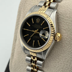 Rolex Ladies Datejust 69173 Black Tapestry Dial 18K Yellow Gold Steel Box Paper