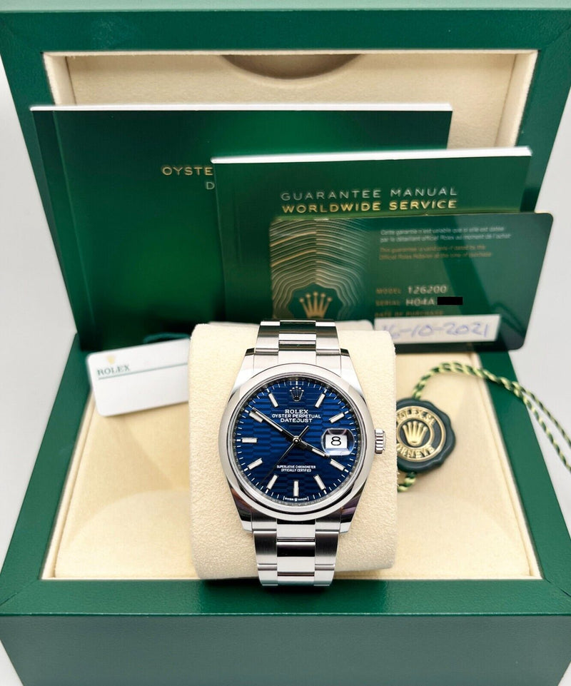 Rolex Datejust 126200 36mm Blue Motif Dial Stainless Steel 2021 Box Paper