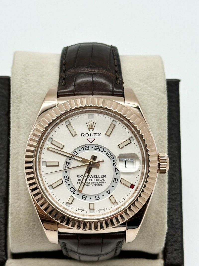 Rolex Sky Dweller 326135 42mm Rose Gold White Dial Leather Strap Rolex Box