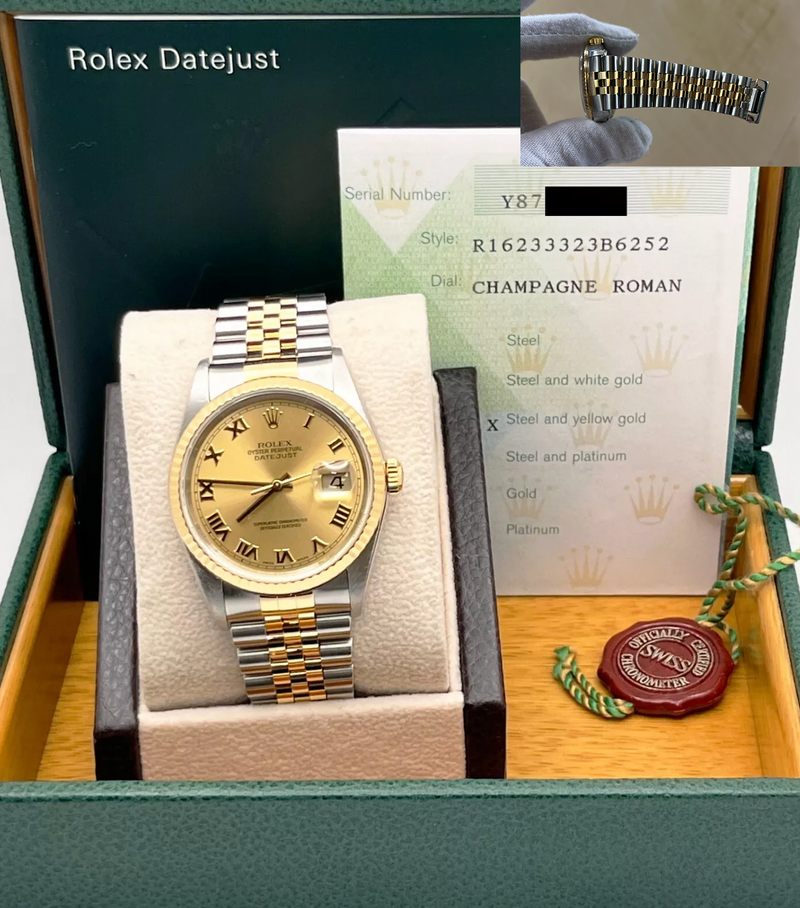 Rolex Datejust 16233 36mm Champagne Roman Dial 18K Gold Stainless Box Paper 2004