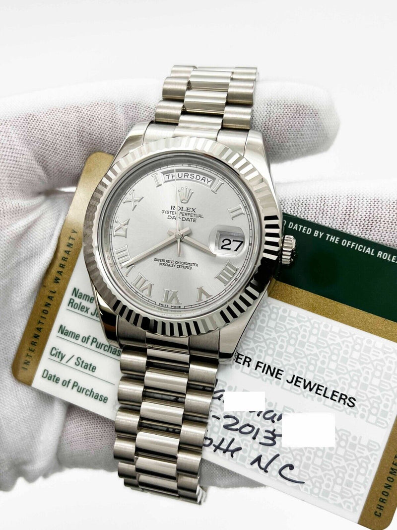 Rolex 218239 President Day Date II 41mm Silver Dial 18K White Gold Box Paper