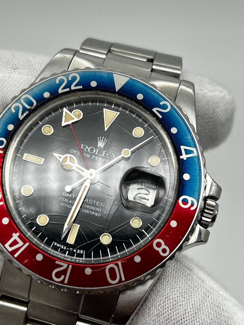 Rare Rolex 16750 GMT Master Pepsi Stainless Steel Original Spider Glossy Dial