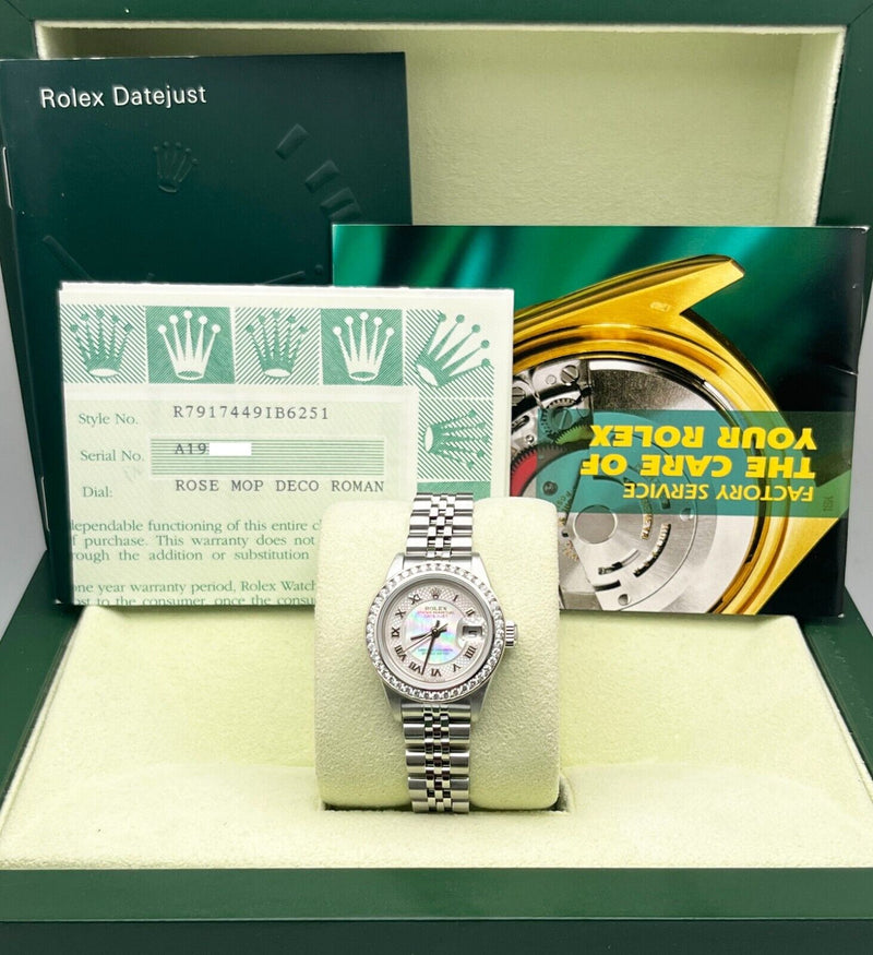 Rolex 79174 Ladies Datejust MOP Deco Roman Dial Diamond Bezel Steel Box Papers