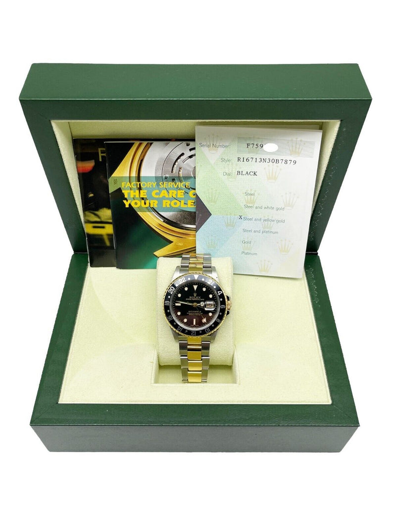 Rolex 16713 GMT Master II Black Dial 18K Yellow Gold Steel 40mm Box Paper 2006