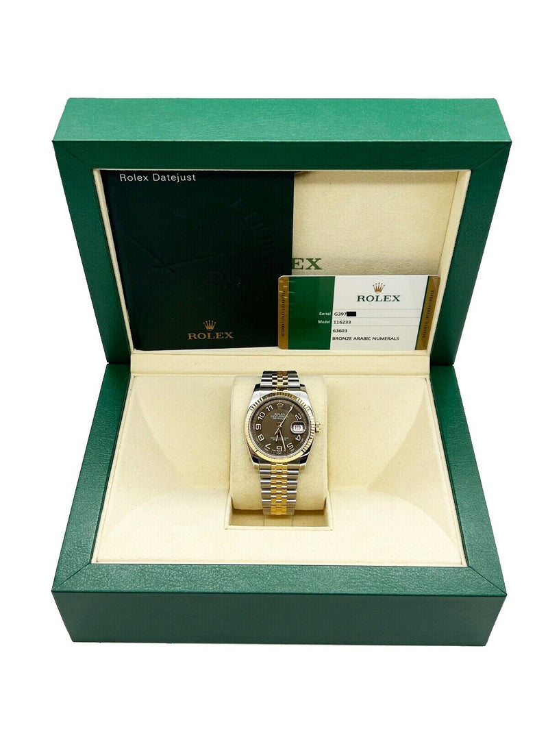 Rolex Datejust 116233 Bronze Arabic Dial 18K Gold Stainless Steel Box Paper