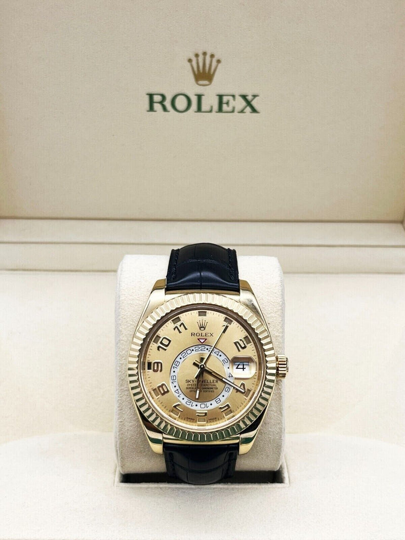 Rolex Sky Dweller 326138 Champagne Dial 18K Yellow Gold Leather Box Paper