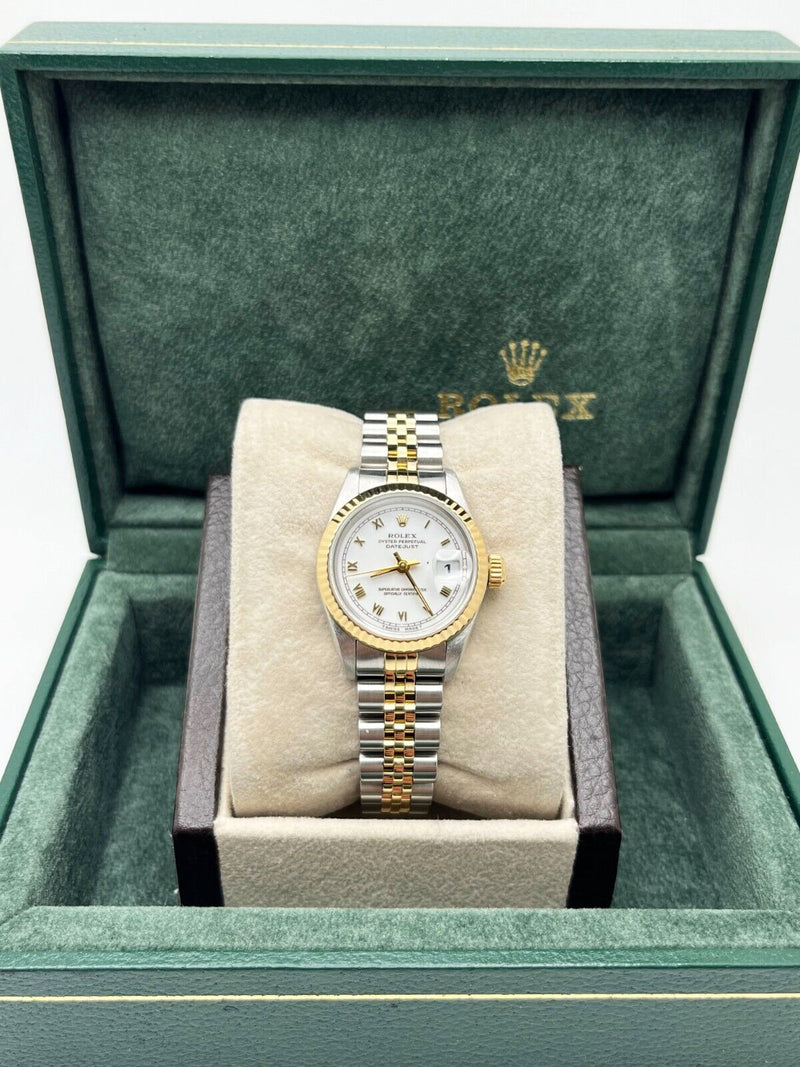 Rolex Ladies Datejust 69173 White Roman Dial 18K Gold Steel Box Copy of Papers