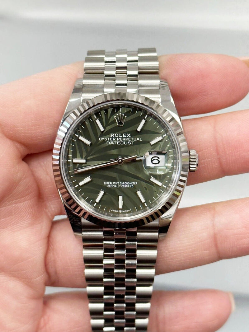 2023 Rolex Datejust 126234 Olive Green Palm Motif Stainless Box Paper