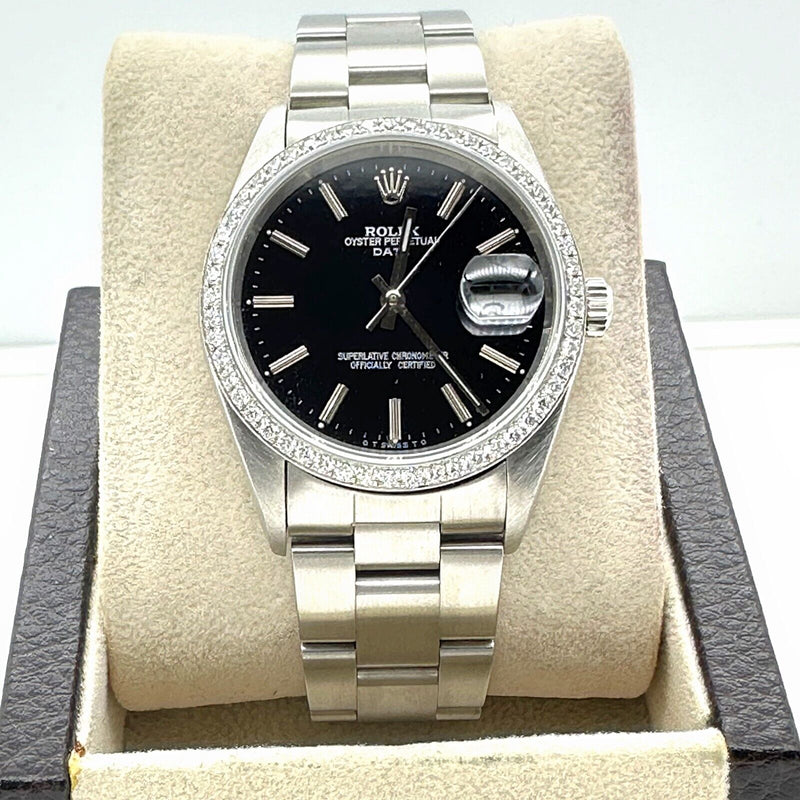 Rolex 15200 Oyster Perpetual Date Black Dial Diamond Bezel Stainless Steel