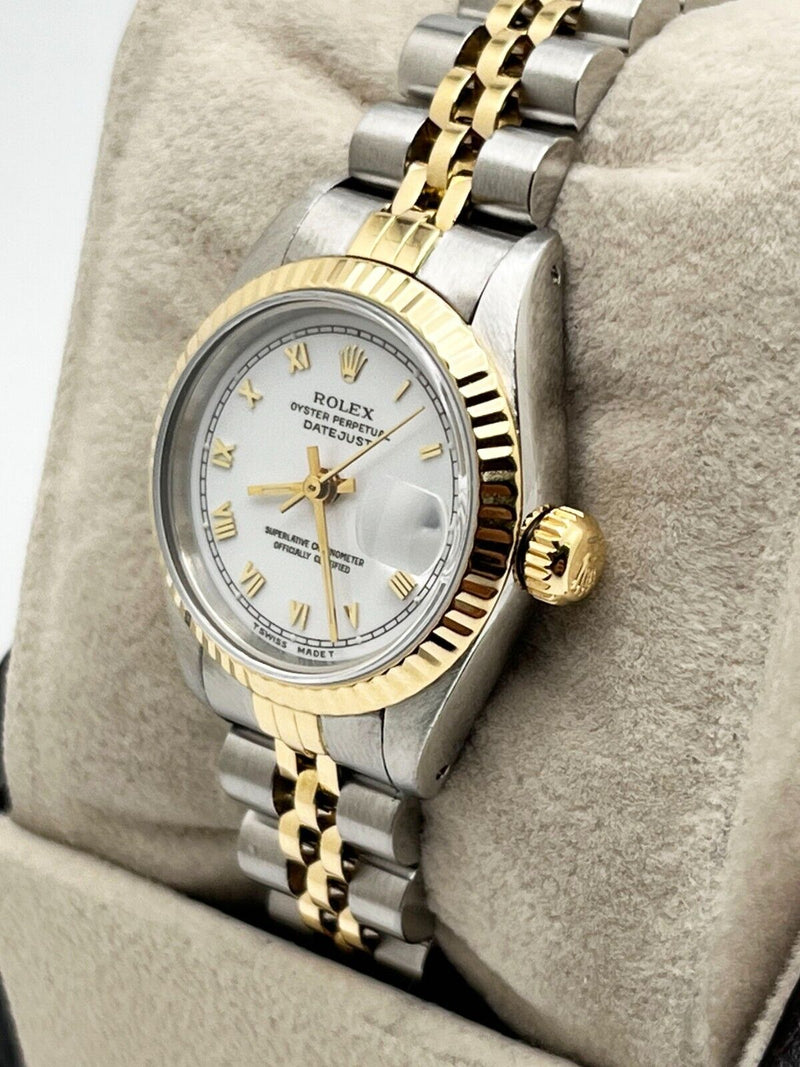 Rolex Ladies Datejust 69173 White Roman Dial 18K Gold Steel Box Copy of Papers