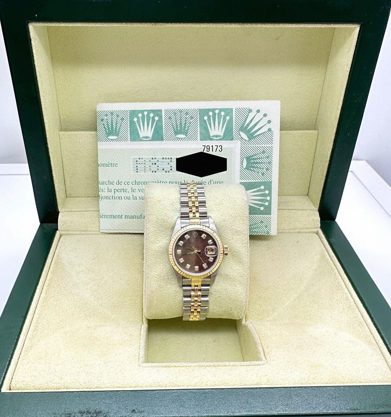 Rolex Ladies Datejust 79173 MOP Diamond Dial 18K Yellow Gold Box Paper 2000