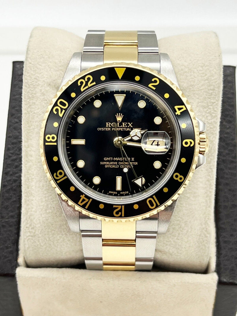 Rolex GMT Master II 16713 Black Dial 18K Yellow Gold Stainless Steel Box Paper