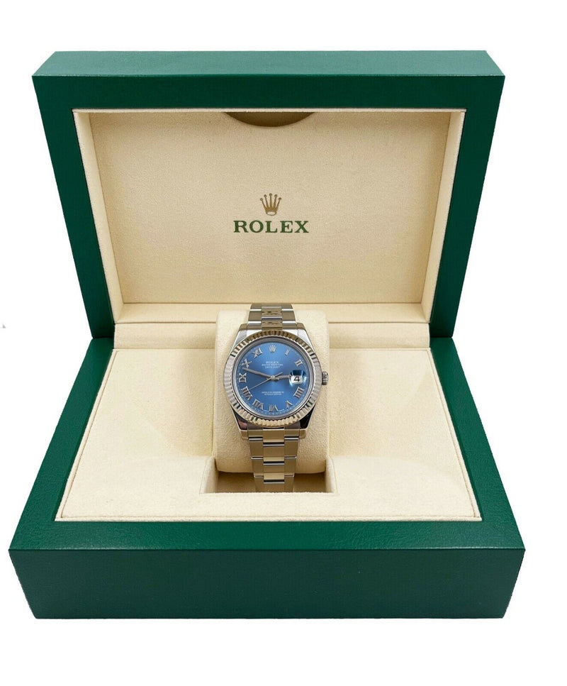 Rolex 116334 Datejust 41 Blue Roman Dial Stainless Steel 18K White Gold Bezel