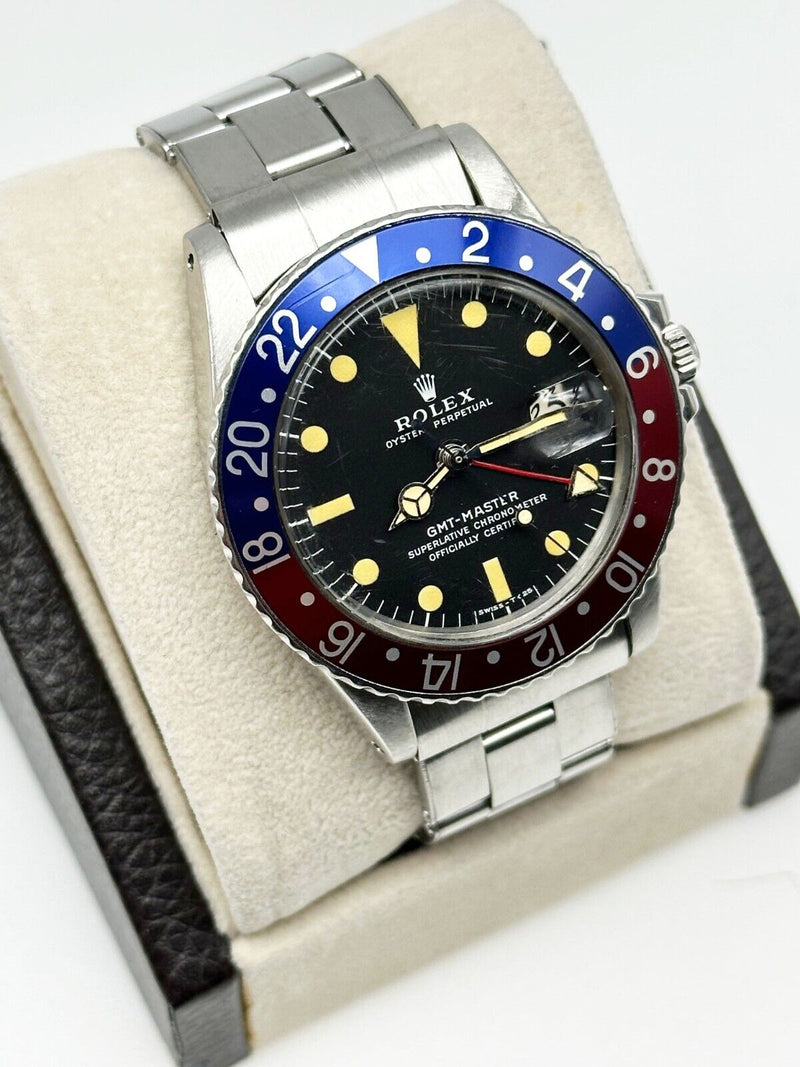 Vintage GMT Master 1675 Pepsi Red and Blue Stainless Steel Box Paper 1972