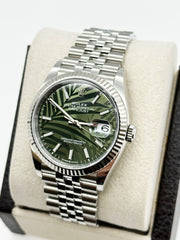 2023 Rolex Datejust 126234 Olive Green Palm Motif Stainless Box Paper